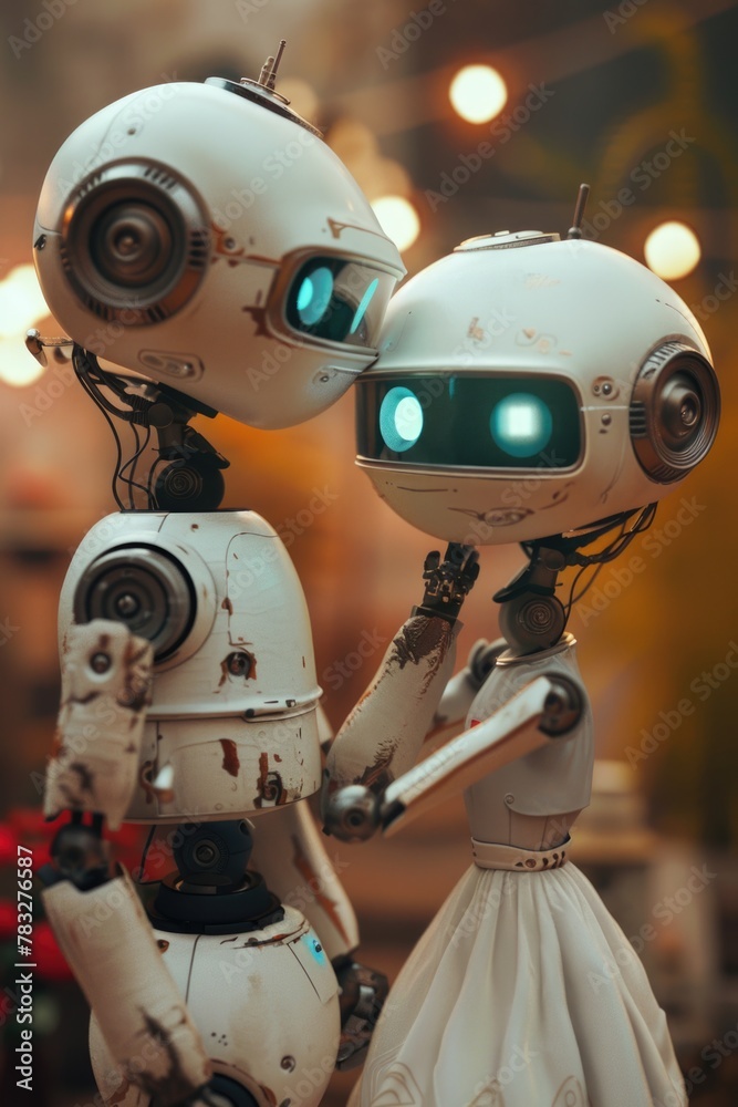 Two robots standing side by side. Suitable for technology concepts Two robots standing side by side. Suitable for technology concepts