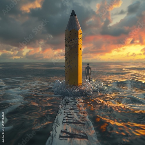 A creative 3D render of a scene where a massive eraser at the end of a pencil is erasing the sea, 