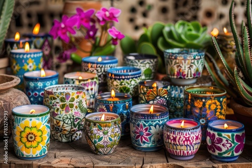 Bohemian decor with patterned candles eclectic and colorful