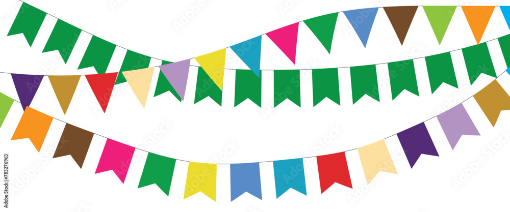 Fototapeta premium Carnival garland with flags isolated on white background. Decorative colorful pennants for birthday celebration, festival and bright decoration ideas 12