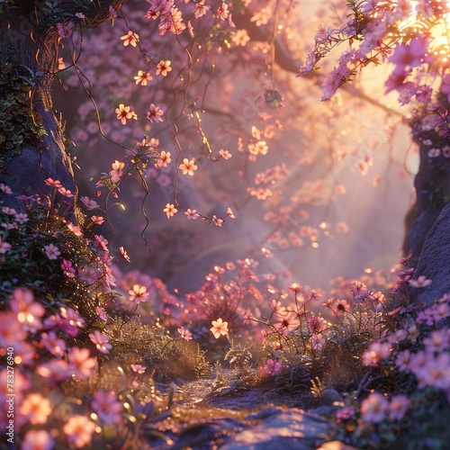 Create a magical place The foreground includes detailed, softfocus floral elements, contributing to a sense of depth 