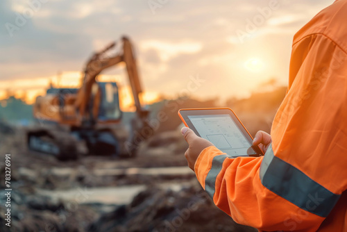 Wallpaper Mural civil engineer working holding use tablet at construction site with heavy building machine excavator working under sunset. Torontodigital.ca