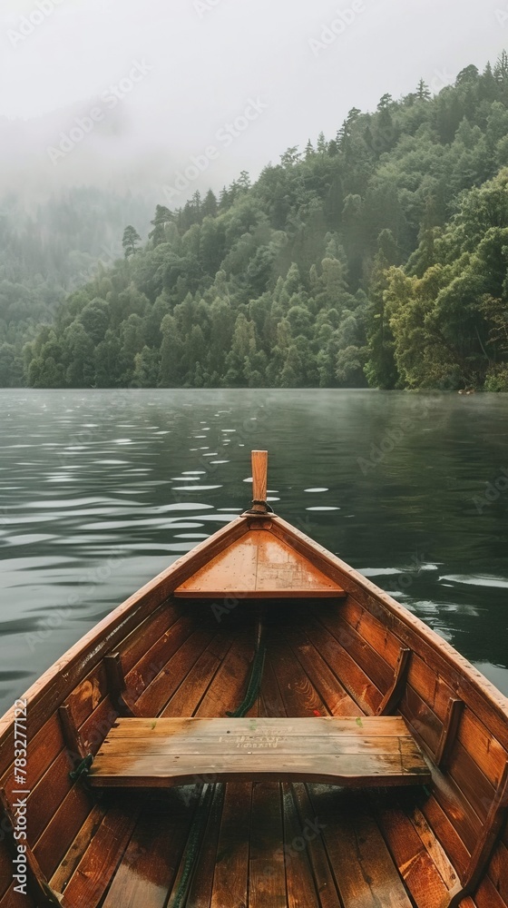 Boat floating on lake next to forest Boat floating on lake next to forest