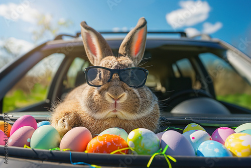 Cute Easter Bunny with sunglasses looking out of a car filed with easter eggs.