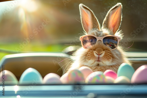 Cute Easter Bunny with sunglasses looking out of a car filed with easter eggs.