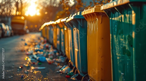 Sunset casts golden glow on lined waste containers in park photo
