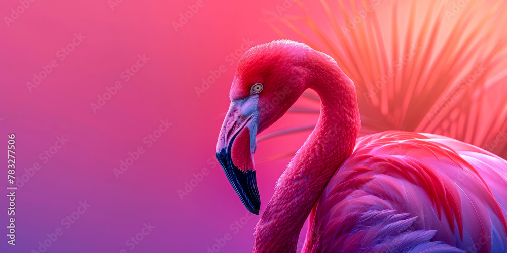 Naklejka premium Vibrant Pink Flamingo Portrait Against Radiant Gradient Background