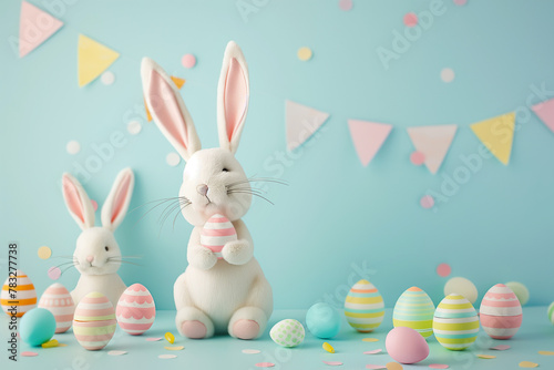 Easter Bunny with chocolate easter eggs on pastel wall background.