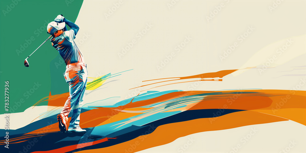 Fototapeta premium Colorful abstract artwork of a golfer in mid-swing with vibrant motion lines