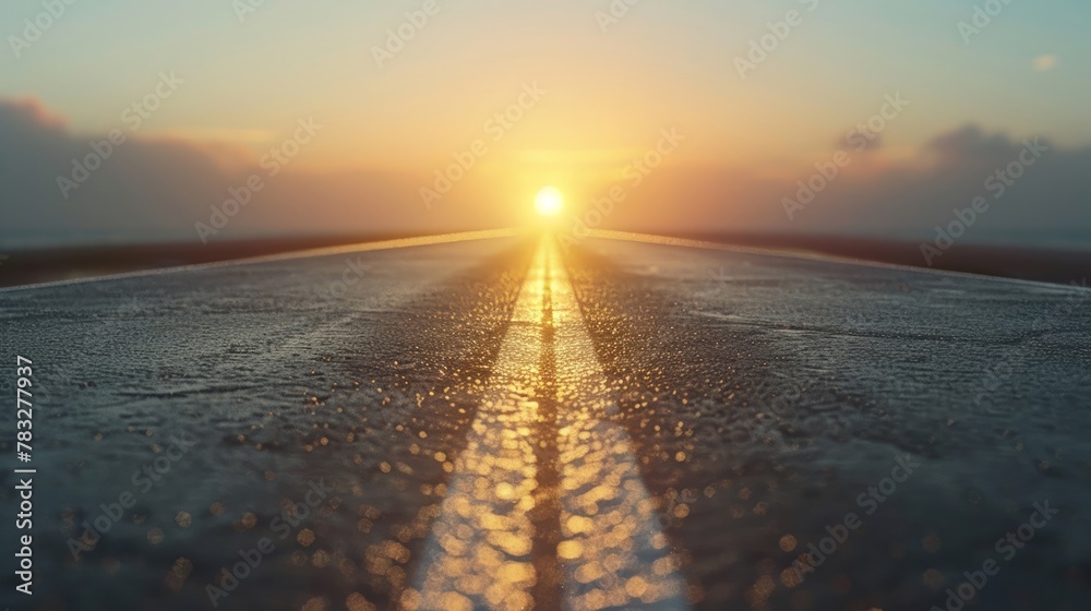 Desert road leading into a serene sunset over a tranquil horizon