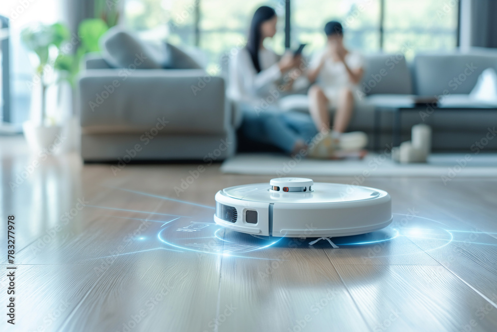 Futuristic vacuum hoover cleaning machine robot on schedule in a living room with HUD data and control with wireless. Futuristic vacuum hoover cleaning machine robot on schedule in a living room with HUD data and control with wireless.