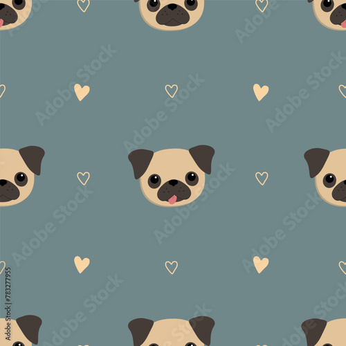 Seamless pattern with pug dogs. Cute background with pug heads. Pattern for packing of gifts, tiles fabric backgrounds. Sample for the website. Vector illustration on gray blue