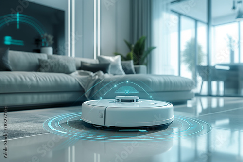 Wallpaper Mural Futuristic vacuum hoover cleaning machine robot on schedule in a living room with HUD data and control with wireless. Torontodigital.ca