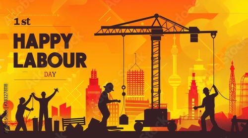 Laborer silhouettes against the cities with the text 1st May HAPPY LABOUR DAY