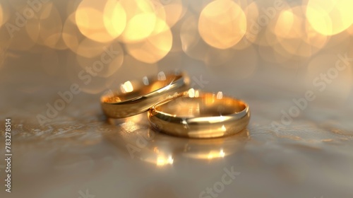 Two gold wedding rings on a table, perfect for wedding themes