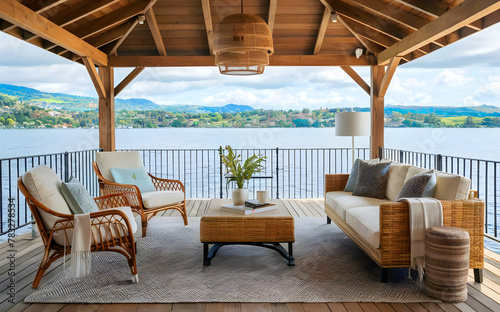 Interior design of summer gazebo by the lake with stylish rattan armchair  coffee table  sofa  pillows  plaid and elegant accessories in modern decor. Summer vibes. 