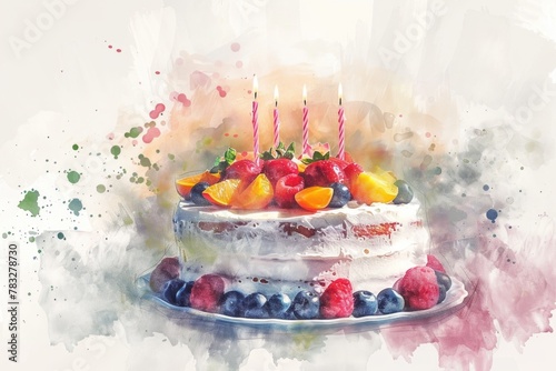 Colorful watercolor painting of a cake topped with fresh fruit. Perfect for food and dessert-related designs