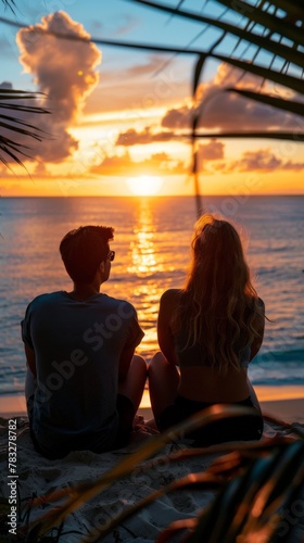 Man and woman watching sunset on beach