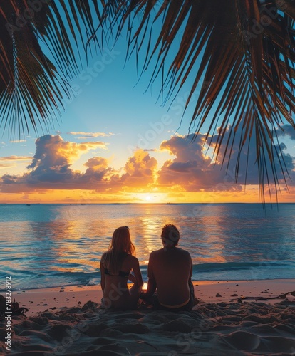 Two people watching sunset on beach