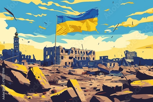 An impactful illustration of a flag waving over a ruined cityscape speaks to the resilience amidst destruction. Suitable for discussions on recovery, conflict aftermath, and the enduring spirit of nat photo