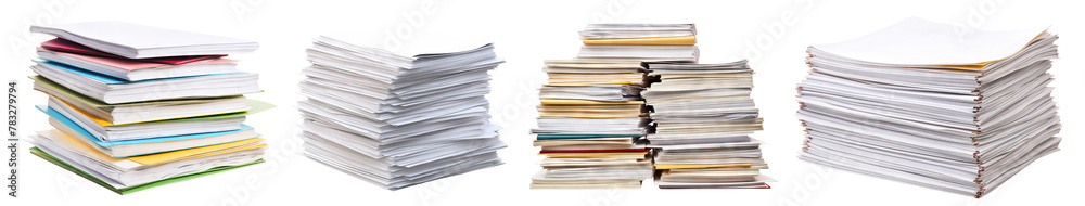Set of towering stacks of paperwork and files, cut out Set of towering stacks of paperwork and files, cut out