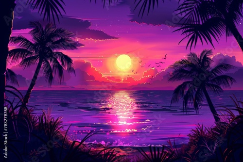 Sunset over ocean with palm trees