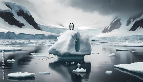  Antarctica icebergs melting  with twice penguin lonely for environment issue concept of climate change effects photo