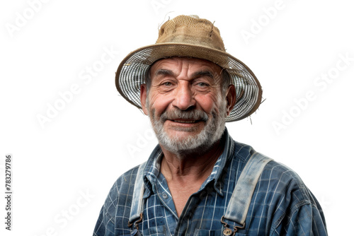 Portrait studio shot of mature senior Farmer man weaning straw hat isolated on transparent png background, person look at camera, agriculture worker.