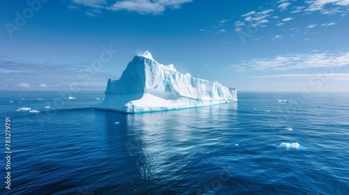 A large iceberg, formed by frozen freshwater, floats in the vast expanse of the ocean. Its sharp geometric edges contrast with the surrounding water, showcasing the raw power of nature.
