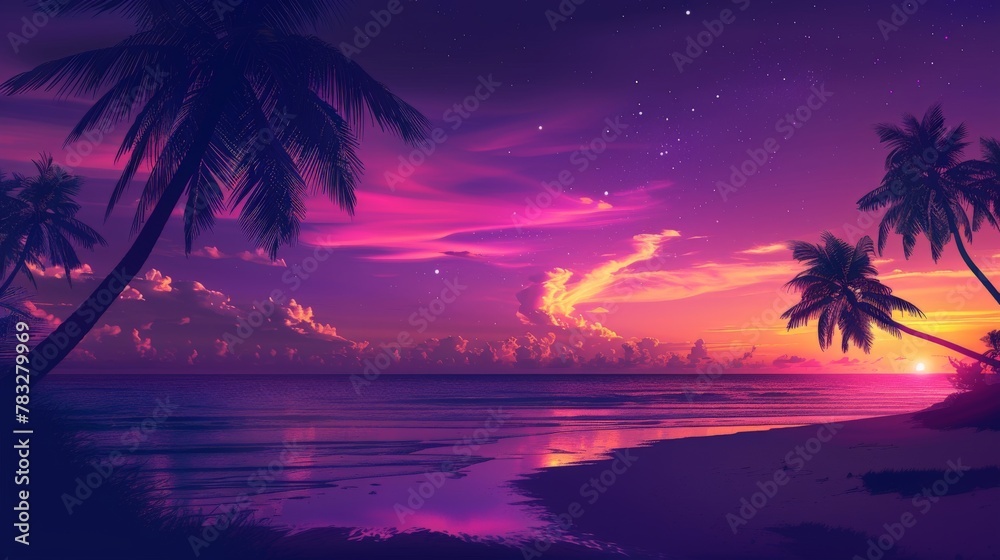 Majestic sunset with palm trees on the beach