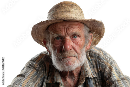 Portrait studio shot of mature senior Farmer man weaning straw hat isolated on transparent png background, person look at camera, agriculture worker.