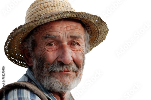 Portrait studio shot of mature senior Farmer man weaning straw hat isolated on transparent png background, person look at camera, agriculture worker.