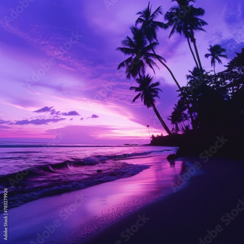 Purple sunset on tropical beach with palm trees