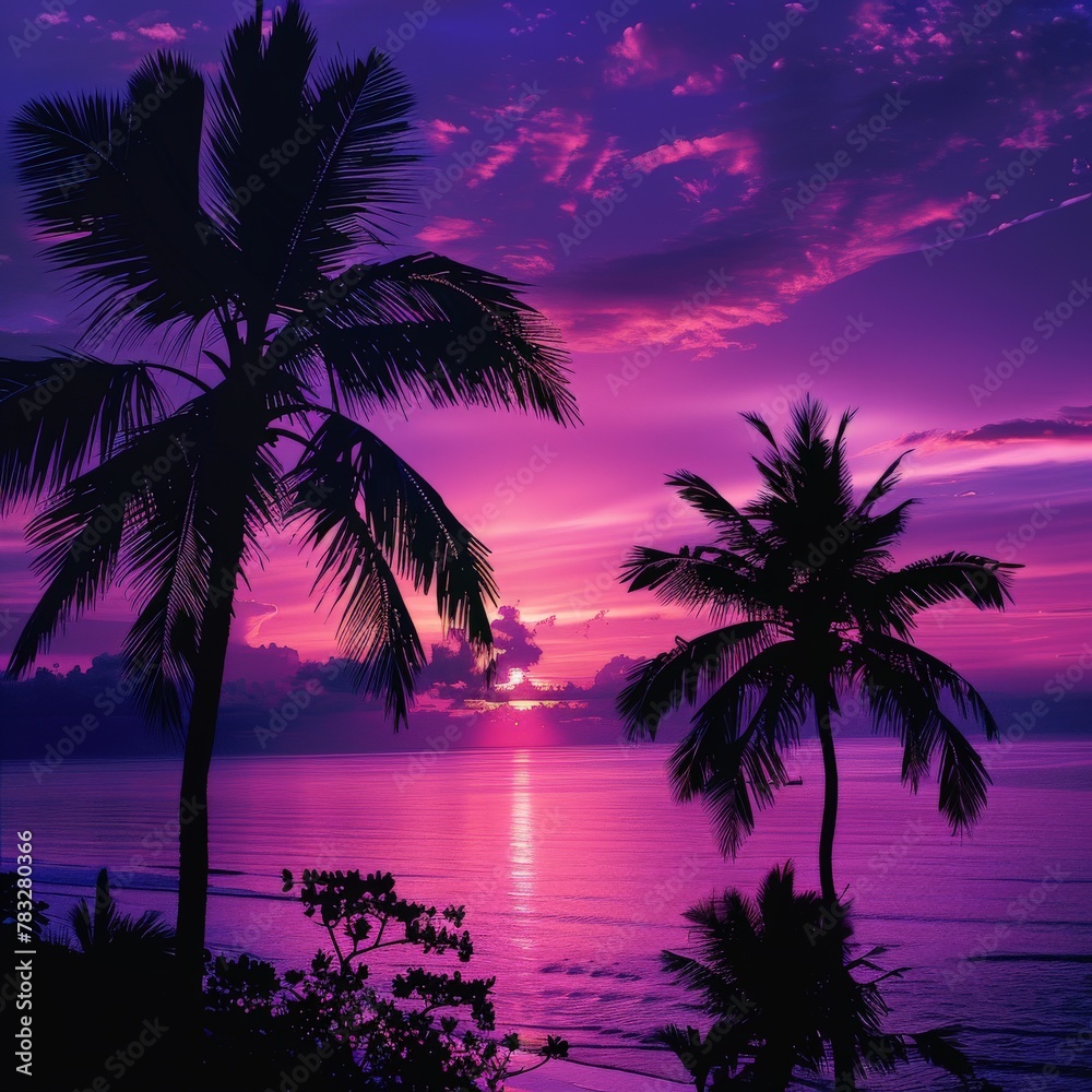 Purple sunset with palm trees and ocean