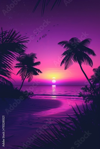 Stunning sunset with palm trees and ocean