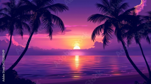 Stunning sunset with palm trees on beach