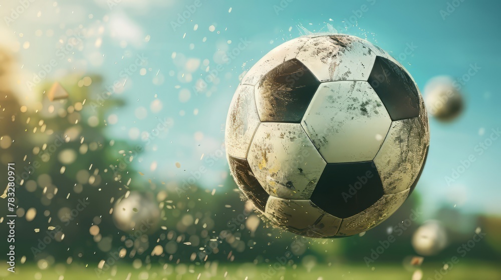 Fototapeta premium A dynamic shot of a soccer ball in mid-air during a game