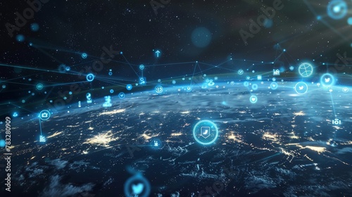 Internet social network icons. Epic shot of the Earth captured from space, showcasing city lights, and continents illuminated against the dark backdrop of the universe.