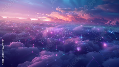 Internet social network icons. Sky at night filled with numerous clouds and twinkling stars, creating a mesmerizing and mystical scene in the atmosphere.