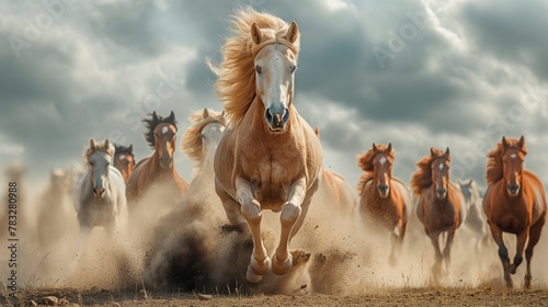 Horses galloping across the steppe, a herd of wild horses