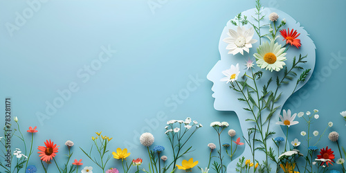Paper human head symbol and flowers on blue background, world mental health day concept. photo