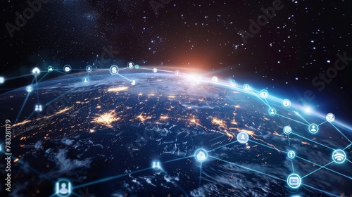 Internet social network icons on detailed view of Earth from space with a vast network of interconnected lines that crisscross the globe. These lines represent the complex web of internet and social