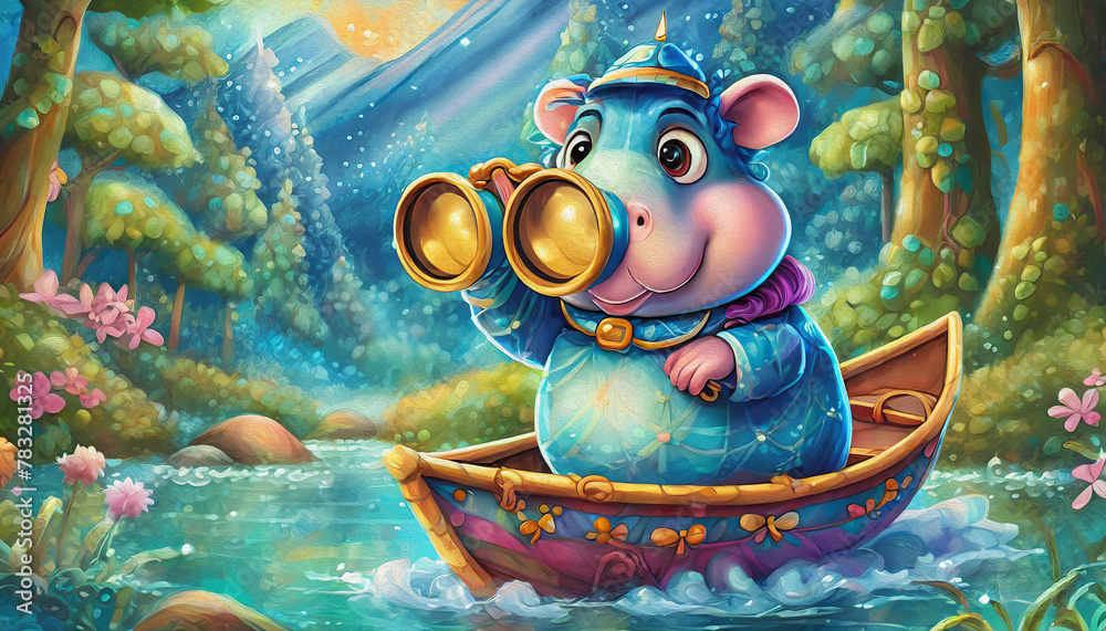 oil painting style Cartoon character Side view of hippo standing on mud in smile boat in forest close up scene, oil painting style Cartoon character Side view of hippo standing on mud in smile boat in forest close up scene,
