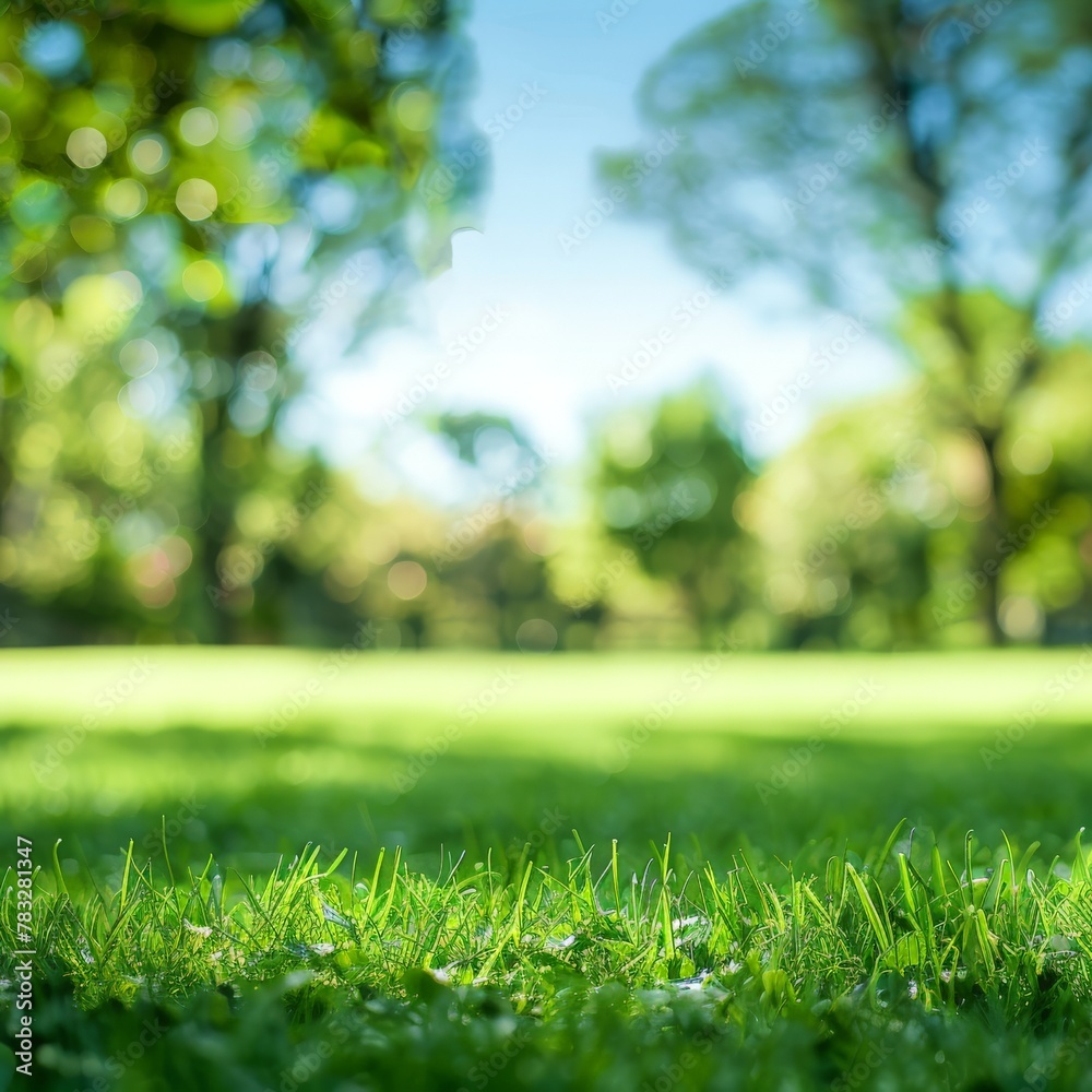 Green grass field with trees in the background Green grass field with trees in the background