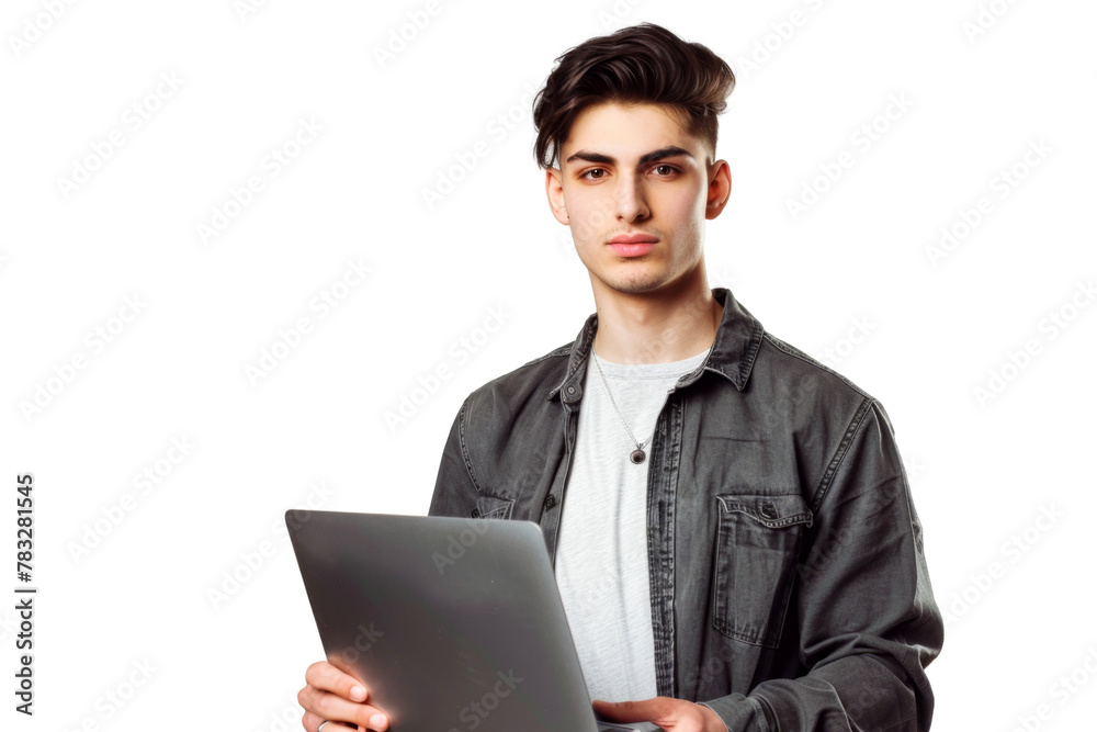 Studio portrait company worker smart young Caucasian man with chill style and serious face wearing casual outfits and holding laptop, isolated on transparent png background. Studio portrait company worker smart young Caucasian man with chill style and serious face wearing casual outfits and holding laptop, isolated on transparent png background.