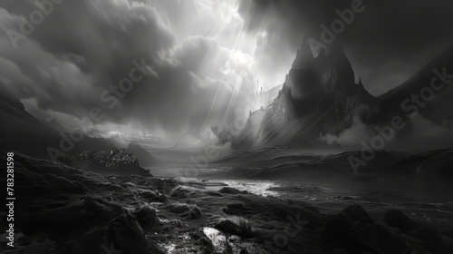 A grayscale landscape with dramatic lighting and shadows, evoking a sense of mystery