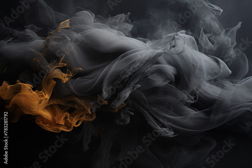 The black smoke billows and swirls in a chaotic dance within the dark haze on black background photo