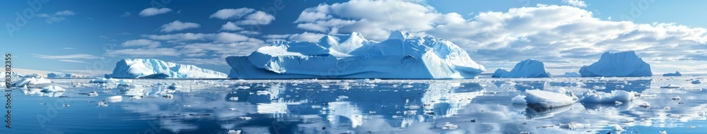 Massive iceberg drifting in ocean surrounded by clouds Massive iceberg drifting in ocean surrounded by clouds