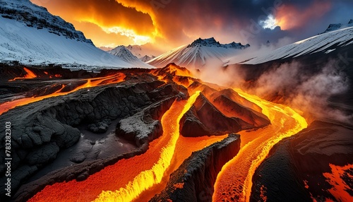 Majestic mountains where fire and ice coexist. Streams of lava flow beside frozen rivers,  photo