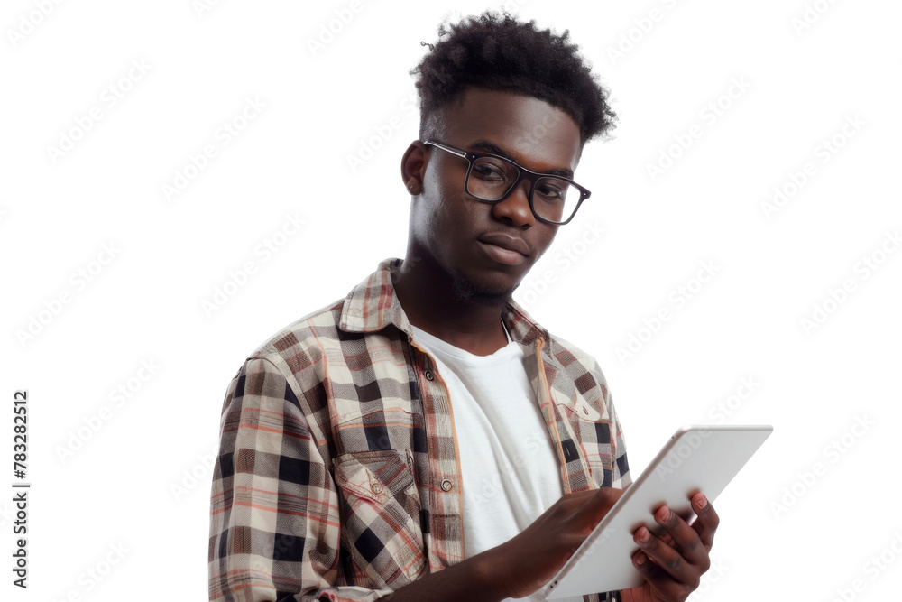 Studio portrait company business worker smart young African American man with serious face holding tablet, isolated on transparent png background. Studio portrait company business worker smart young African American man with serious face holding tablet, isolated on transparent png background.